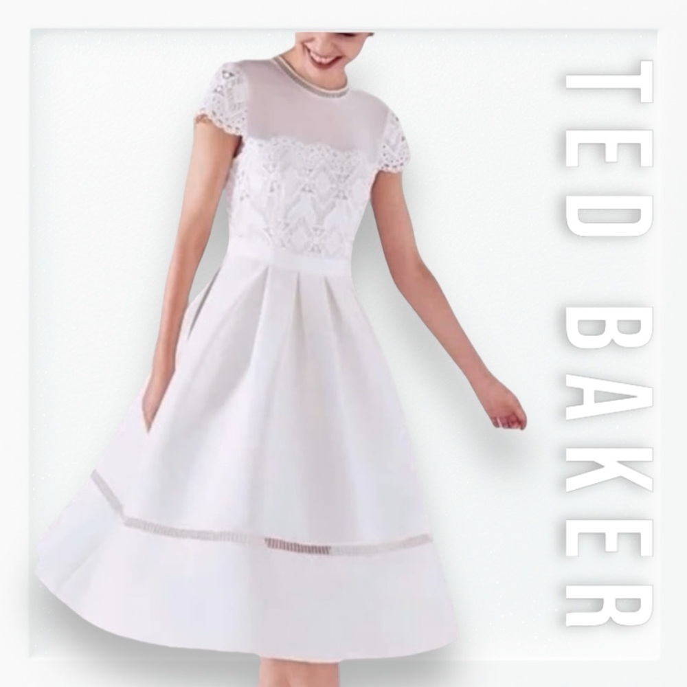 Ted Baker White Frizay Lace Bodice Pleated Tea Length Dress Sz 2